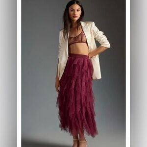 NWT Anthropologie Cheri Ruffled Tulle Midi Skirt in Wine
